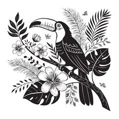 Tropical Toucan SVG Cut File – Jungle Bird Clipart with Flowers and Leaves © Graphix Glider