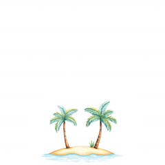 Obraz premium A serene tropical island scene featuring two vibrant palm trees on a small sandy beach, surrounded by tranquil blue waters. Ideal for relaxation and vacation-themed content.