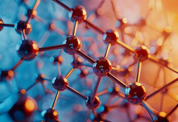 a vibrant and complex molecular structure is depicted with glowing red spheres connected by metallic gray lines against a blurred orange and teal background.