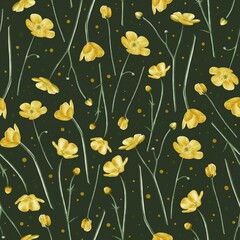 Seamless watercolor pattern featuring yellow buttercup flowers on a deep green background. The contrast between the vivid flowers and the dark base creates a bold and elegant look. Perfect for textile