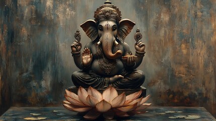 Majestic Ganesha statue, seated atop a lotus blossom, against a textured backdrop.