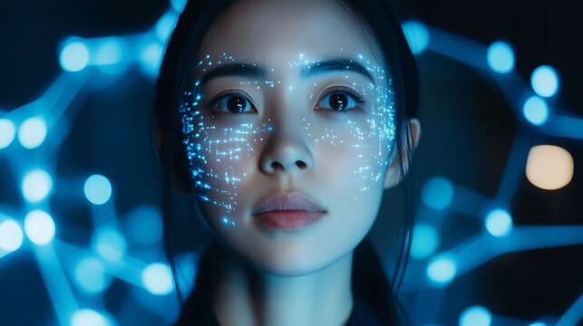 Asian Woman with Digital Interface Projection on Face with Glowing Network