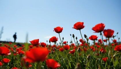 Naklejka premium Field of red poppies under a clear blue sky with a silhouette of a soldier in the background, remembrance symbolism, calm and beautiful