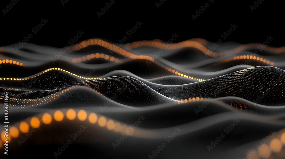 Poster abstract wave pattern with gold dots and black background texture