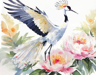 Obraz premium Beautiful bird, crane and elegant peony - 아름다운 새, 학 그리고 기품있는 모란 꽃