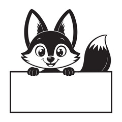 Cute Cartoon Fox Holding Blank Sign - Black and White Vector Illustration