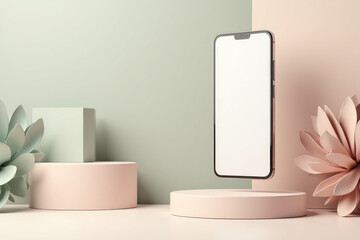 Smartphone mockup, pastel scene, minimalist geometric figures, closeup smart phone concept. Modern business communication design, white isolated screen with space for text, touchscreen. AI