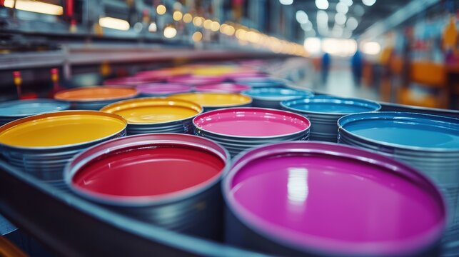 Vibrant paint cans lined up in a factory
