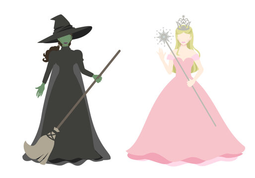 Vector illustration of a blonde good witch and a green-skinned wicked witch.Two witch characters from the Wizard of Oz in fantasy and fairy tales.