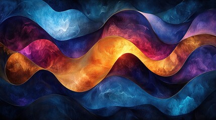 Abstract Wavy Composition with Vibrant Colors and Golden Outline