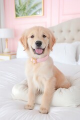 Puppy on Pink Bedroom Bed