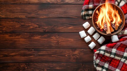 Cozy Indoor Fireplace Scene with a Warm Glow of Flames, Surrounded by Marshmallows and a Red Plaid Blanket