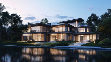 Obraz premium Modern Lakeside Mansion: Evening Serenity