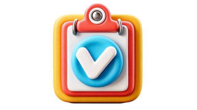 Colorful 3D icon of a checklist clipboard with a large blue checkmark