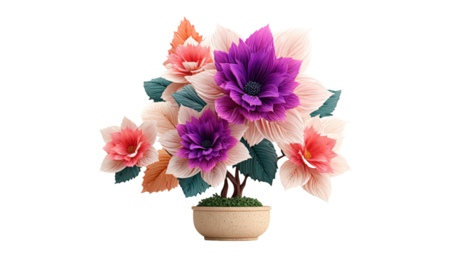 Playful 3D of a purple petaled flower with large leaves