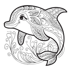 Intricate Ornamental Dolphin Illustration for Coloring Book or Decorative Art