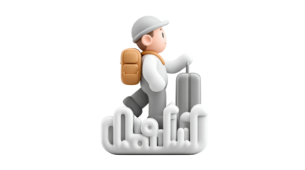 Traveling person with suitcase in front of city skyline