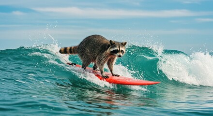 Obraz premium A raccoon skillfully balances on a bright red surfboard as it rides a wave in a vibrant blue ocean. The sun shines down on the scene, illuminating the water droplets that splash around the board. The