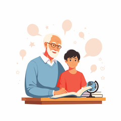 Obraz premium Elderly man teaching young student at wooden desk, educational connection