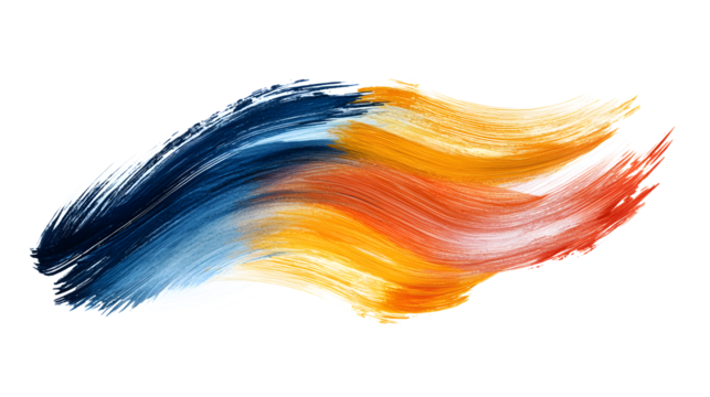 Vibrant abstract brush stroke in blue, orange, and red hues, creating a dynamic and energetic expression.