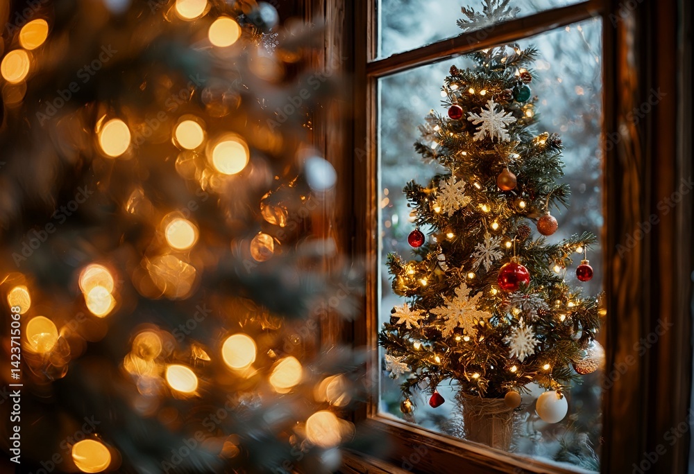 Poster a warmly lit christmas tree decorated with ornaments and lights is visible through a window during a