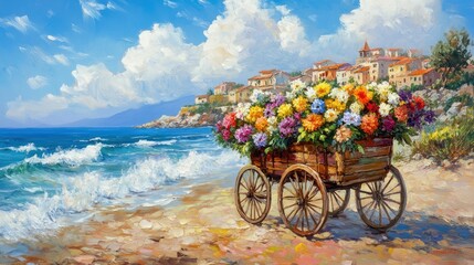 Coastal flowers Cart of blooms on beach, village backdrop, summer scene
