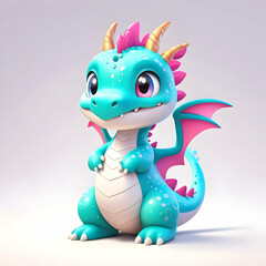 Fototapeta premium Blue cute baby dragon with glitter and sparkle on the scales, with big eyes and horns, wings spreading delicately, revealing shimmering scales against soft gray backdrop