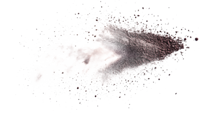 A dynamic splash of brown powder creating an artistic arrow shape on a contrasting background.