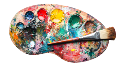 A vibrant artist's palette showcasing a rich array of colors with a paintbrush resting atop, evoking a creative ambiance.