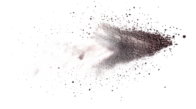 A dynamic splash of brown powder creating an artistic arrow shape on a contrasting background.
