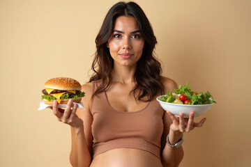 Pregnant woman with burger and vegetables salad in her hands isolated on creamy background. AI generated