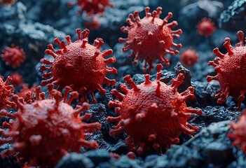 a highly detailed, dramatic rendering depicts numerous red coronavirus particles clustered on a dark, textured surface, illustrating the microscopic threat of viral infection.
