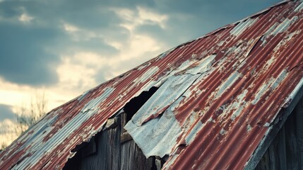 Detailed Close-Up of a Rustic Barn Roof with Weathered Red and Silver Metal Panels Under a Cloudy Sky