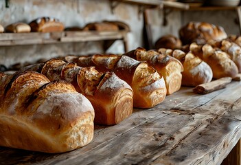 a row of freshly baked, golden-crusted loaves of artisan bread lines a rustic wooden table in a traditional bakery.