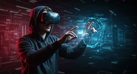 In a high-tech setting illuminated by neon lights, a person wearing a virtual reality headset engages with a holographic interface. The figure is dressed in dark clothing, creating a contrast against
