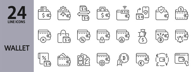 Wallet line icons set with Money, Payment, Card, Transfer, Deposit, Dividend, Cryptocurrency and more. Editable Stroke
