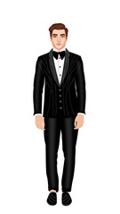 Young Handsome Man Standing Wearing Black Tuxedo Suit with Tie 