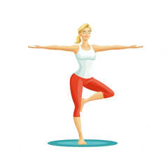 Fototapeta premium A woman practicing yoga in a balanced pose, showcasing strength and tranquility on a yoga mat. Ideal for wellness, fitness, and meditation themes.