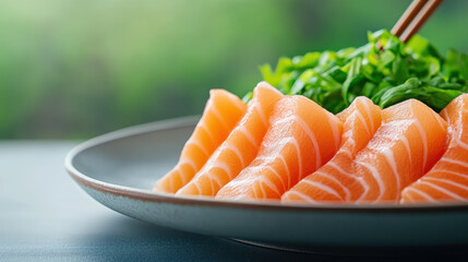 Fresh salmon sashimi slices artfully arranged on a plate with vibrant green garnish against a serene natural backdrop
