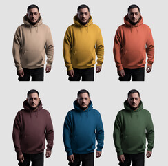 Mockup of colored oversized hoodies, with pocket, ties, on a bearded man, front view, for design,...