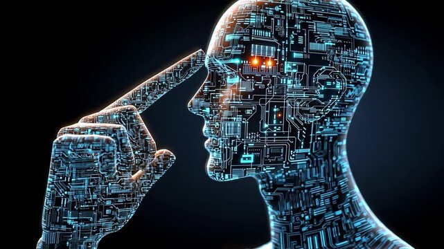 Human-like robot touching temple in digital circuit background representing artificial intelligence technology