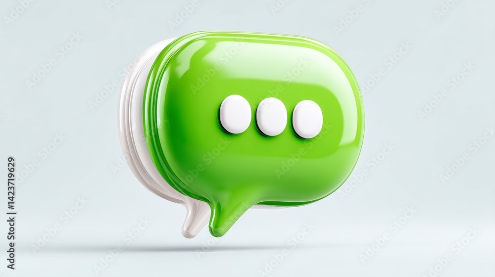 Poster glossy green speech bubble with three white dots on light blue background. 3d rendering