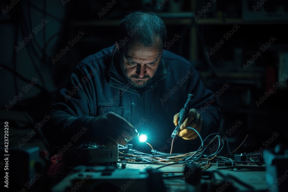 Poster man working intently on electrical wires in a dimly lit workshop during evening hours
