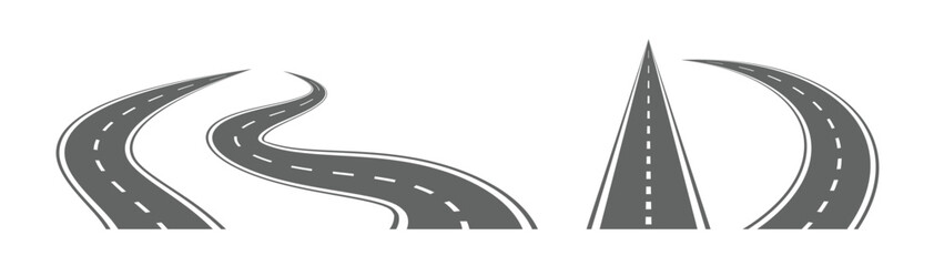 Roads vector set. Roads and highways in perspective. Highway symbols. Road signs.