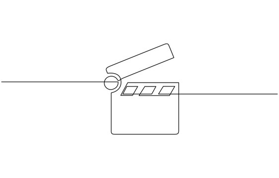 One continuous line drawing of clapper board. Action movie scene and retro video production, Film clapper in one line drawing. Minimalist entertainment concept, One continuous line drawing of clapper.