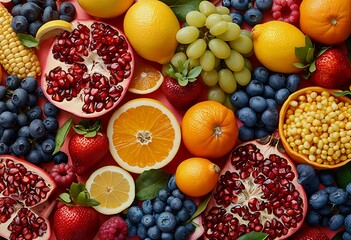 a vibrant flat lay of fresh fruits including pomegranates, oranges, strawberries, blueberries, grapes, and corn kernels arranged on a pink surface.