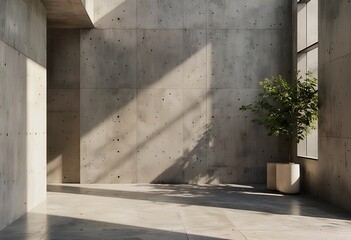 a minimalist concrete interior features soft sunlight casting shadows on the textured walls and floor, complemented by a small potted tree near a window.