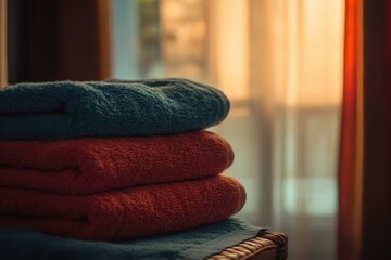 Comfortable towels stacked neatly next to a sunlit window in a cozy setting