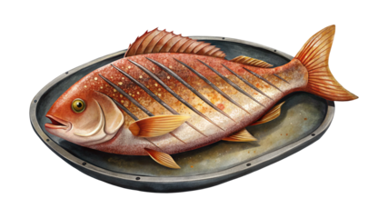 Illustration of a Grilled Red Snapper Fish on a Platter, Ready to Eat