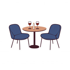 Fototapeta premium Cozy dining setup with two chairs and a table adorned with candles and glasses of wine, perfect for a romantic evening.